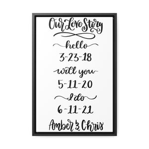 Custom Our Love Story Dated Framed Canvas Sign